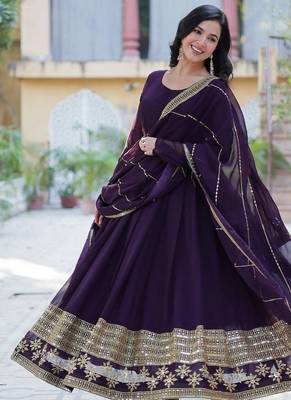 Wine zari & sequins embroidered georgette kurta & dupatta set 1