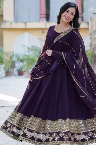 Wine zari & sequins embroidered work georgette stitched kurta & dupatta set