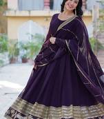 Wine zari & sequins embroidered georgette kurta & dupatta set