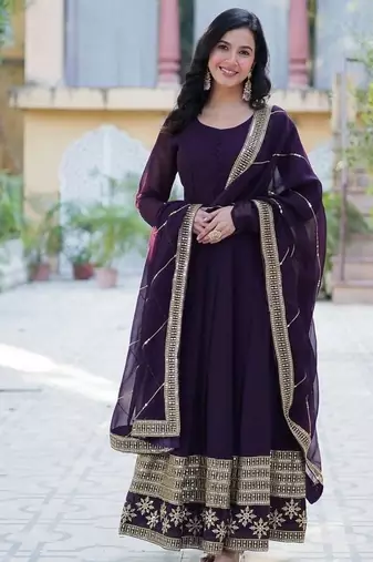 Wine zari & sequins embroidered georgette kurta & dupatta set