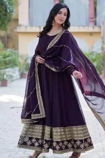 Wine zari & sequins embroidered georgette kurta & dupatta set