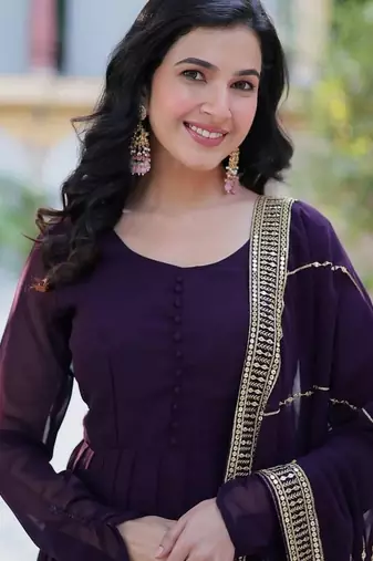 Wine zari & sequins embroidered georgette kurta & dupatta set