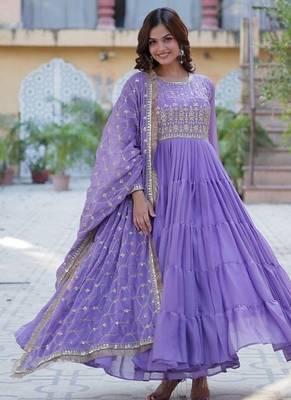 Lavender zari & sequins embroidered work georgette stitched kurta & dupatta set 1