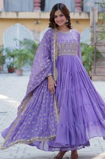 Lavender zari & sequins embroidered work georgette stitched kurta & dupatta set