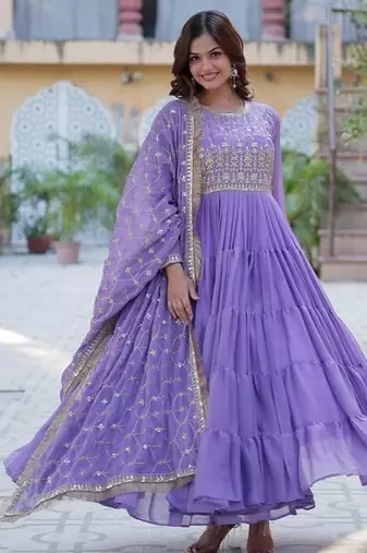 Lavender zari & sequins embroidered work georgette stitched kurta & dupatta set