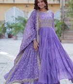 Lavender zari & sequins embroidered work georgette stitched kurta & dupatta set