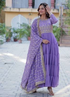 Lavender zari & sequins embroidered work georgette stitched kurta & dupatta set 2