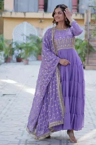 Lavender zari & sequins embroidered work georgette stitched kurta & dupatta set