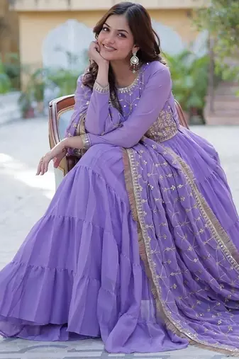 Lavender zari & sequins embroidered work georgette stitched kurta & dupatta set