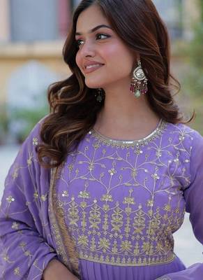 Lavender zari & sequins embroidered work georgette stitched kurta & dupatta set 4