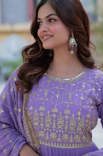 Lavender zari & sequins embroidered work georgette stitched kurta & dupatta set