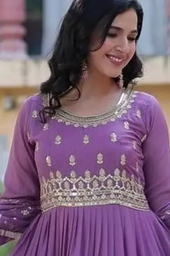 Purple zari & sequins embroidered georgette kurta & dupatta set