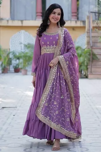 Purple zari & sequins embroidered georgette kurta & dupatta set