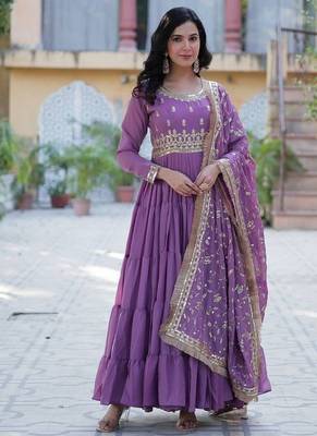 Purple zari & sequins embroidered georgette kurta & dupatta set 1