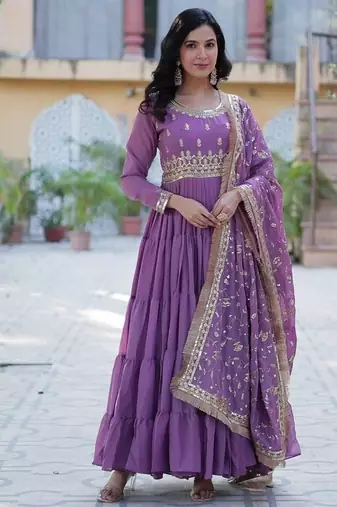 Purple zari & sequins embroidered work georgette stitched kurta & dupatta set