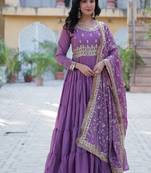 Purple zari & sequins embroidered georgette kurta & dupatta set