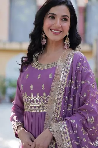 Purple zari & sequins embroidered georgette kurta & dupatta set