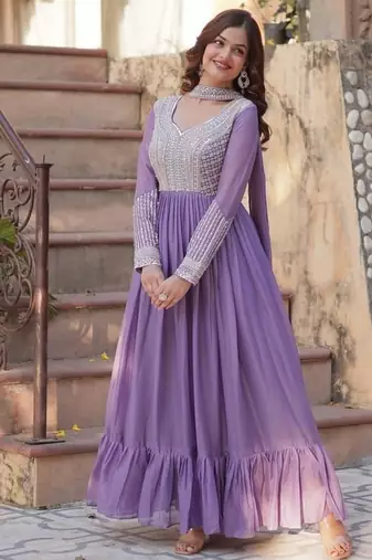 Purple zari & sequins embroidered georgette kurta & dupatta set