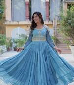 Sky zari & sequins embroidered georgette kurta & dupatta set