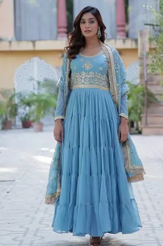 Sky zari & sequins embroidered georgette kurta & dupatta set