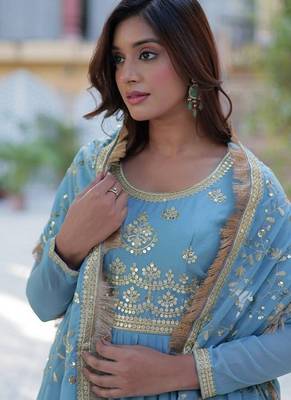 Sky zari & sequins embroidered georgette kurta & dupatta set 4