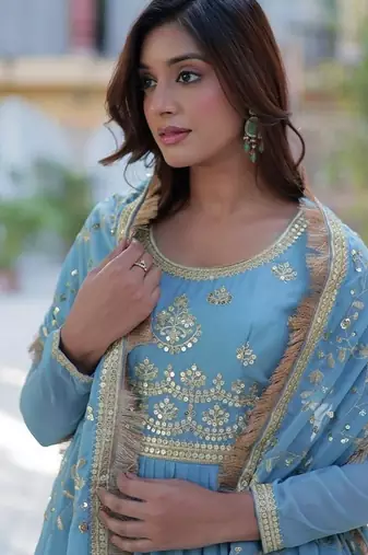 Sky zari & sequins embroidered georgette kurta & dupatta set