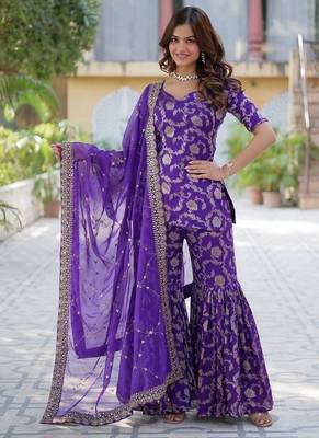 Purple viscose georgette jacquard kurta,sharara & dupatta set 1