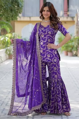 Purple viscose georgette jacquard stitched kurta,sharara & dupatta set