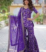 Purple viscose georgette jacquard kurta,sharara & dupatta set