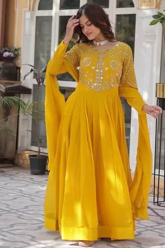 Yellow zari & sequins embroidered work georgette stitched kurta & dupatta set