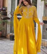 Yellow zari & sequins embroidered work georgette stitched kurta & dupatta set