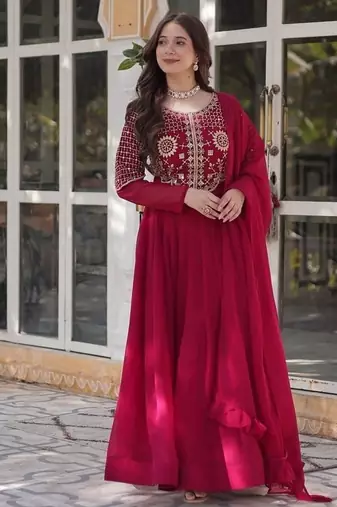 Pink zari & sequins embroidered work georgette stitched kurta & dupatta set