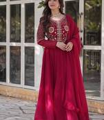 Pink zari & sequins embroidered work georgette stitched kurta & dupatta set