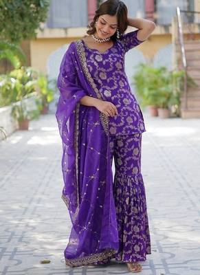 Purple viscose georgette jacquard kurta,sharara & dupatta set 2