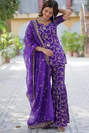 Purple viscose georgette jacquard kurta,sharara & dupatta set