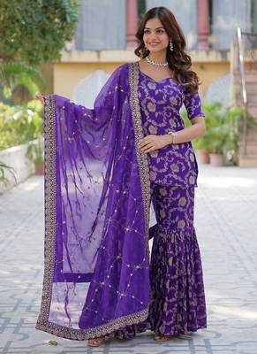 Purple viscose georgette jacquard kurta,sharara & dupatta set 4