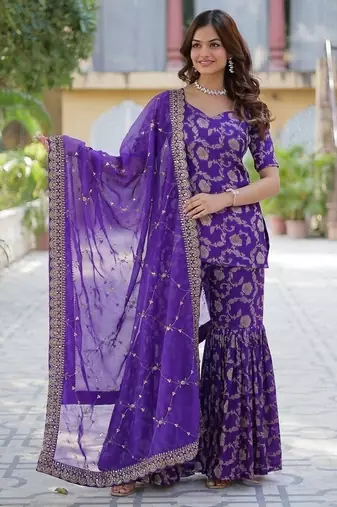 Purple viscose georgette jacquard kurta,sharara & dupatta set