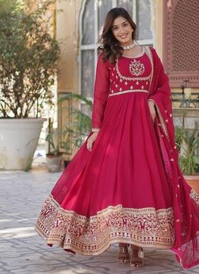 Pink zari & sequins embroidered georgette kurta & dupatta set 1