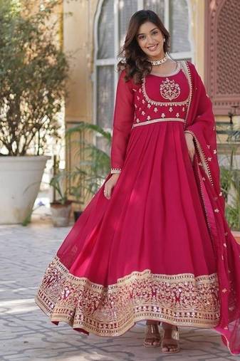 Pink zari & sequins embroidered work georgette stitched kurta & dupatta set