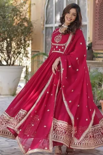 Pink zari & sequins embroidered georgette kurta & dupatta set