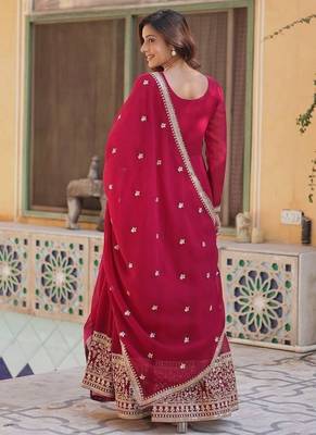 Pink zari & sequins embroidered georgette kurta & dupatta set 3