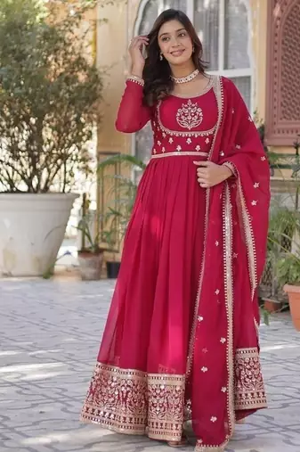 Pink zari & sequins embroidered georgette kurta & dupatta set