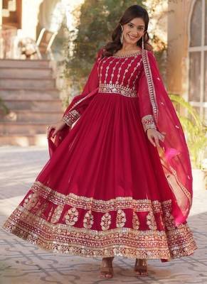 Pink zari & sequins embroidered work georgette stitched kurta & dupatta set 1