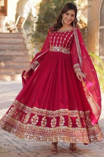 Pink zari & sequins embroidered work georgette stitched kurta & dupatta set