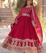 Pink zari & sequins embroidered work georgette stitched kurta & dupatta set