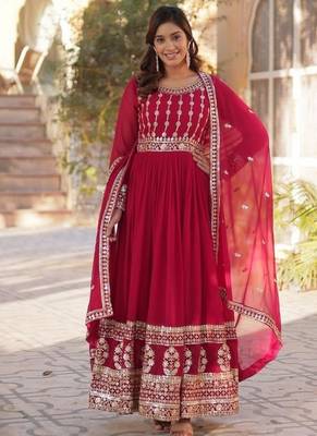 Pink zari & sequins embroidered work georgette stitched kurta & dupatta set 2