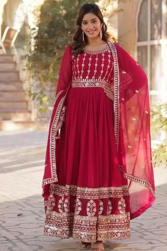 Pink zari & sequins embroidered work georgette stitched kurta & dupatta set