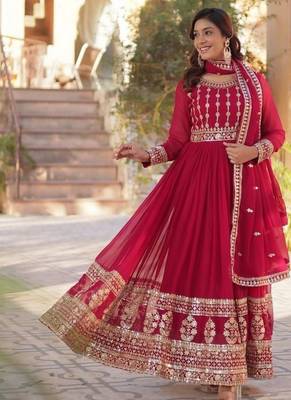 Pink zari & sequins embroidered work georgette stitched kurta & dupatta set 3