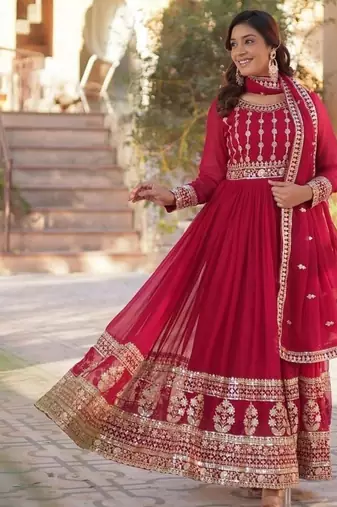 Pink zari & sequins embroidered work georgette stitched kurta & dupatta set