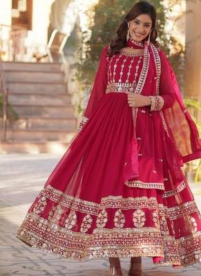 Pink zari & sequins embroidered work georgette stitched kurta & dupatta set 4